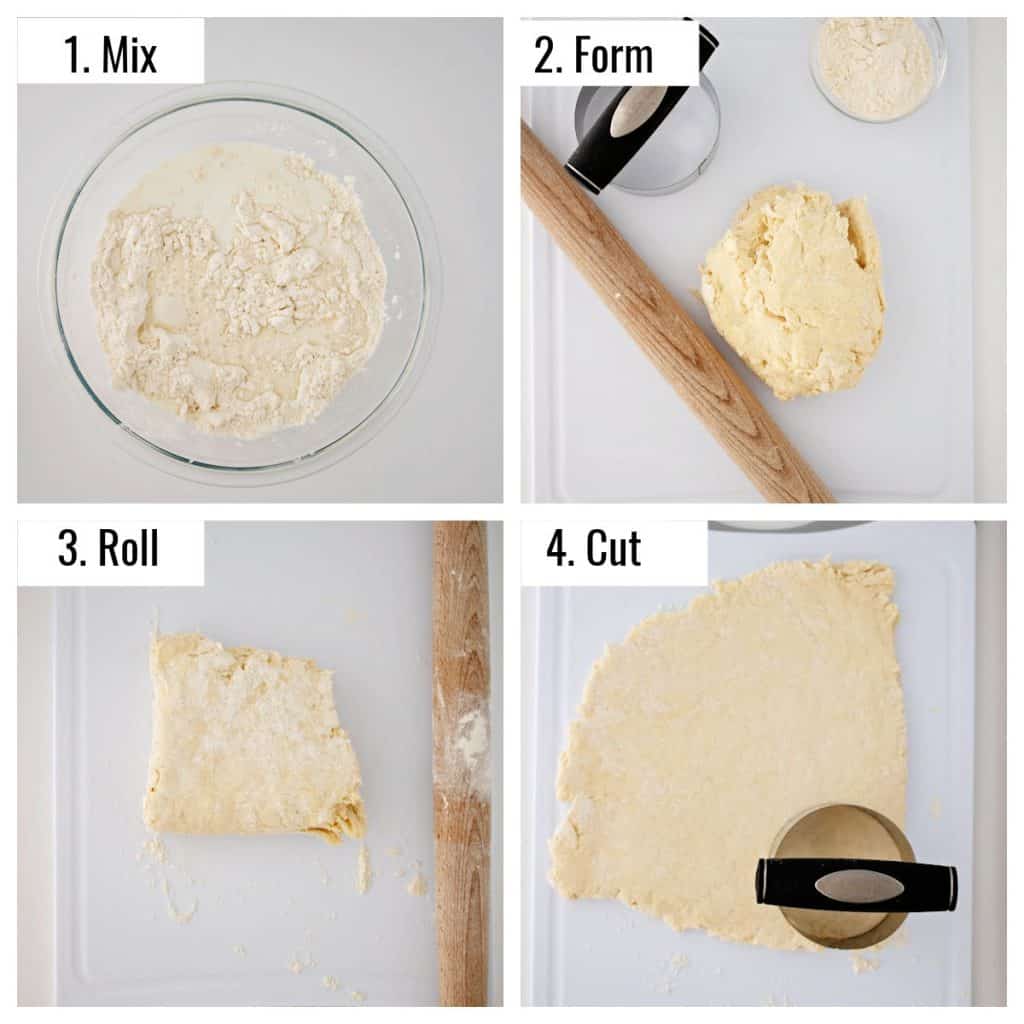 Collage of biscuit dough on board.