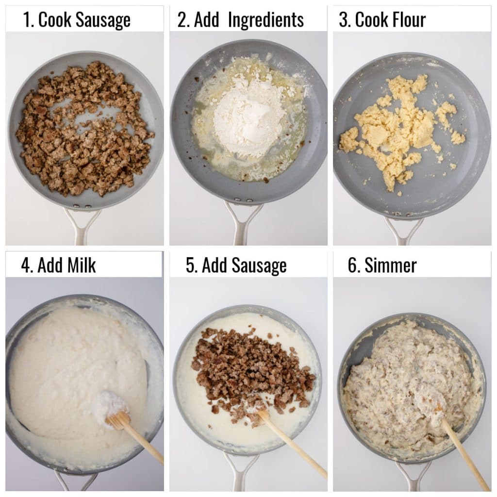 Collage of biscuits sausage gravy cooking in skillet.