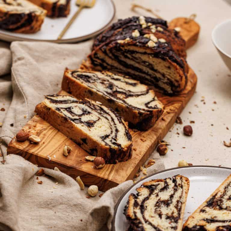 Babka sliced on cutting board.
