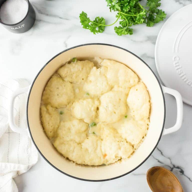 Dutch oven filled with Bisquick dumpling.