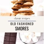 Old fashioned s'mores stacked on plate wit chocolate bar, marshmallows and graham crackers on marble surface.