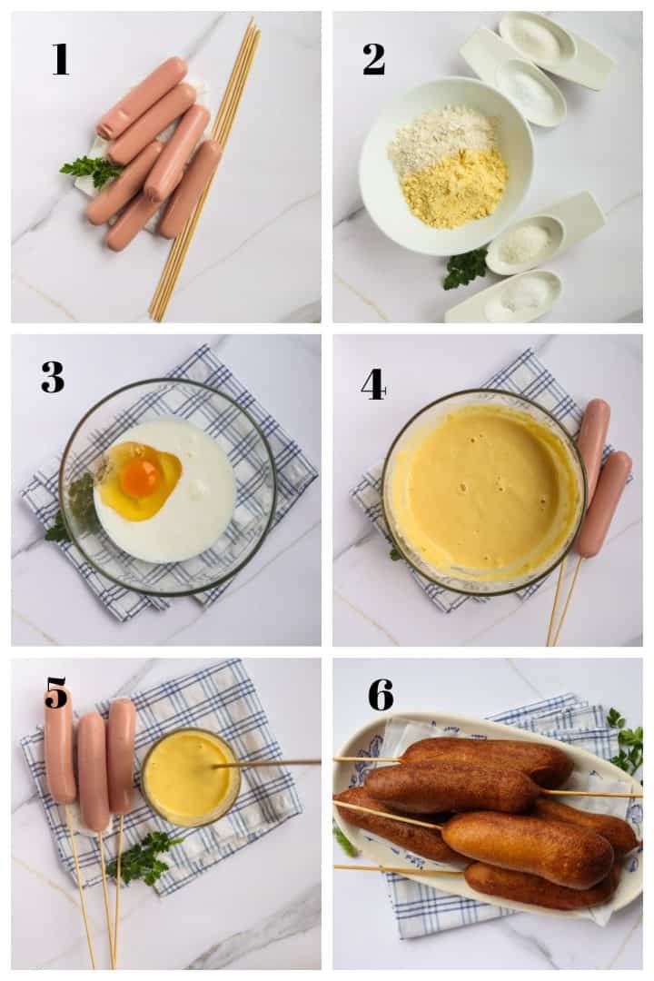 Collage of steps to make corn dogs.