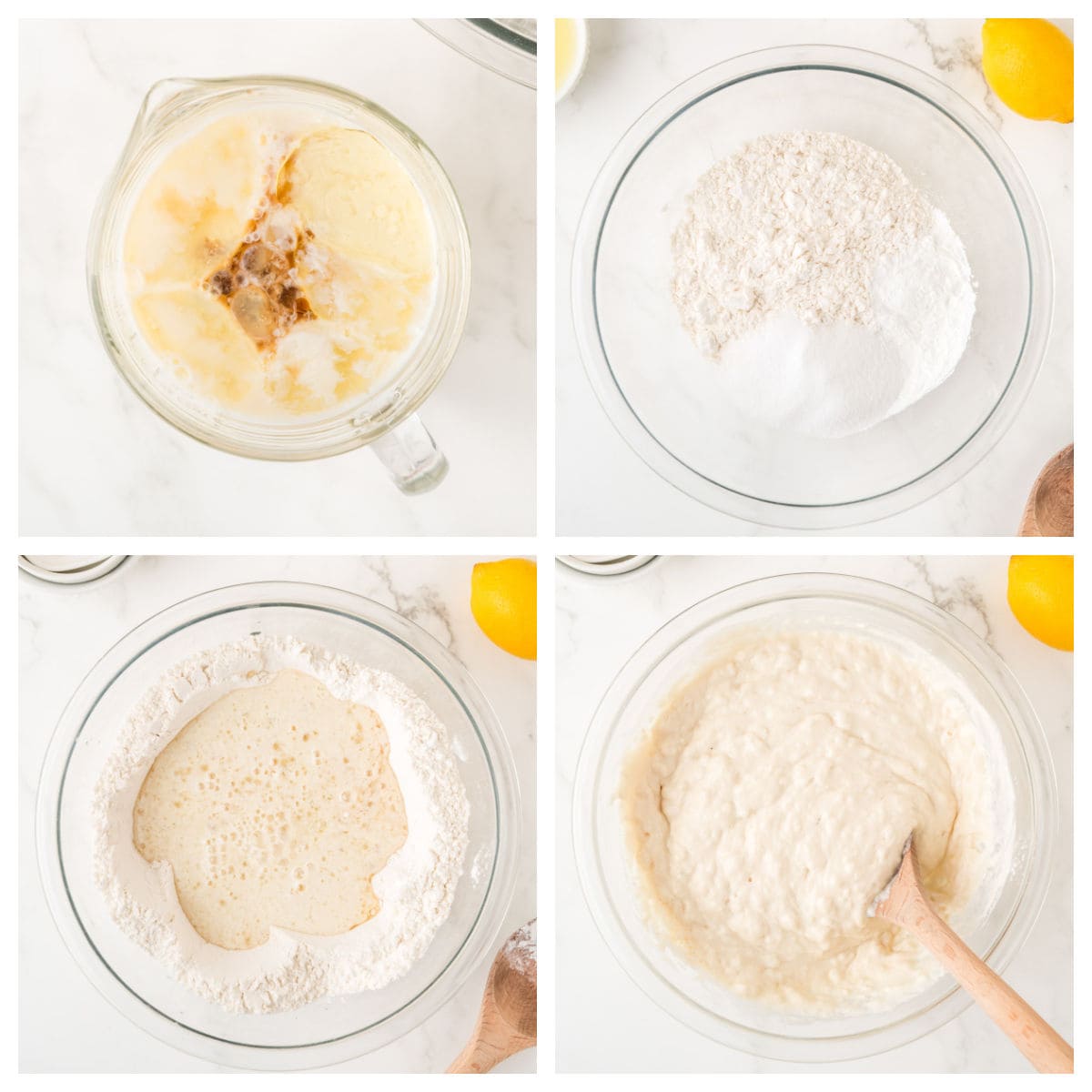 Four-step collage showing mixing wet ingredients, dry ingredients, combining them, and stirring batter in clear bowls on a white surface.