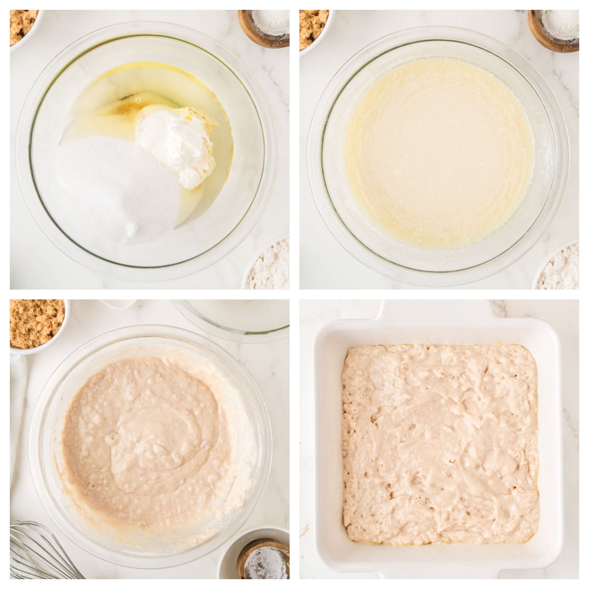 Four-step collage showing coffee cake batter preparation: mixing sugar and wet ingredients, blending, adding flour, and pouring batter into a square baking dish.
