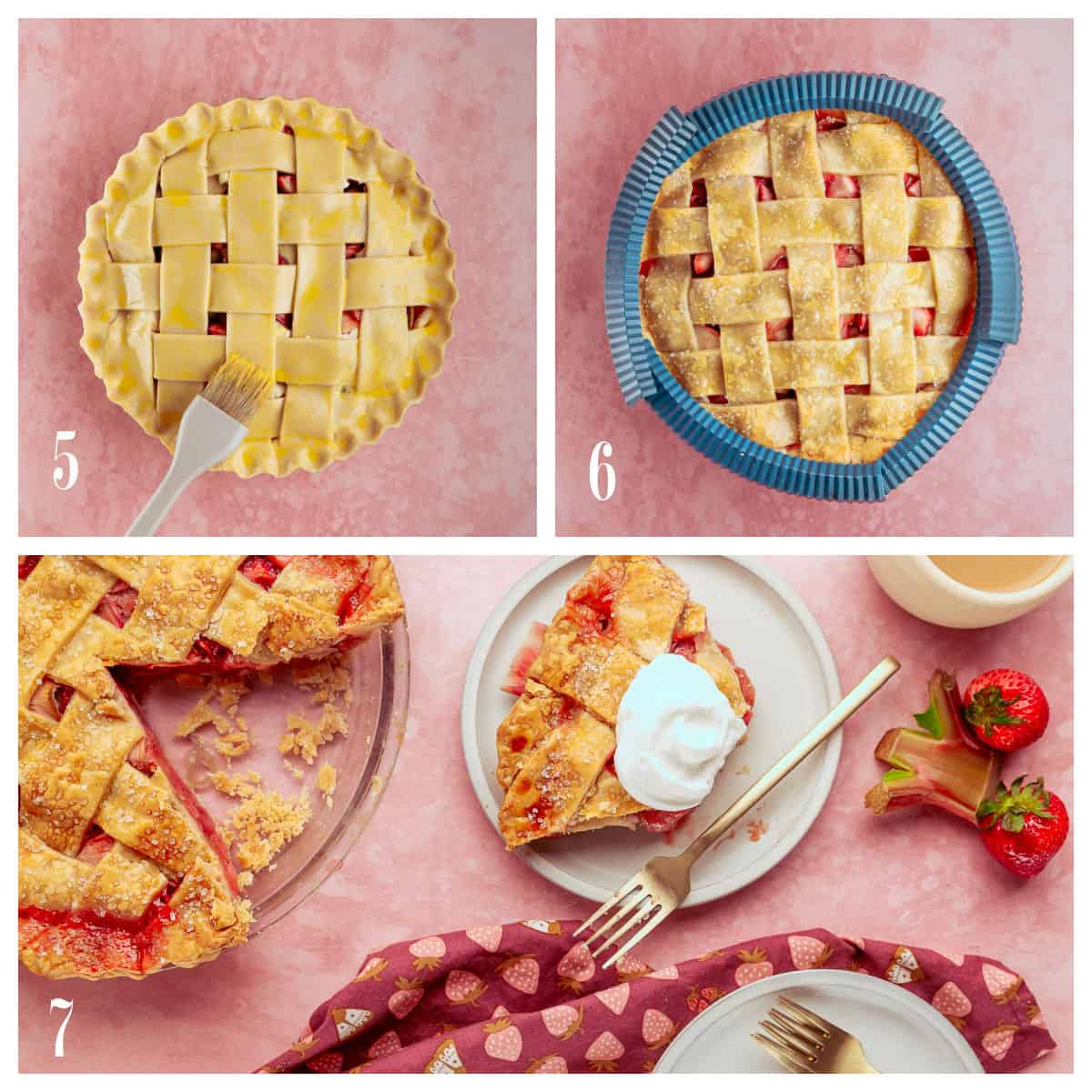 A step-by-step collage shows a strawberry rhubarb pie recipe being brushed with egg wash, the baked pie cooling, and a slice served with whipped cream. A step-by-step collage shows a strawberry rhubarb pie recipe being brushed with egg wash, the baked pie cooling, and a slice served with whipped cream.