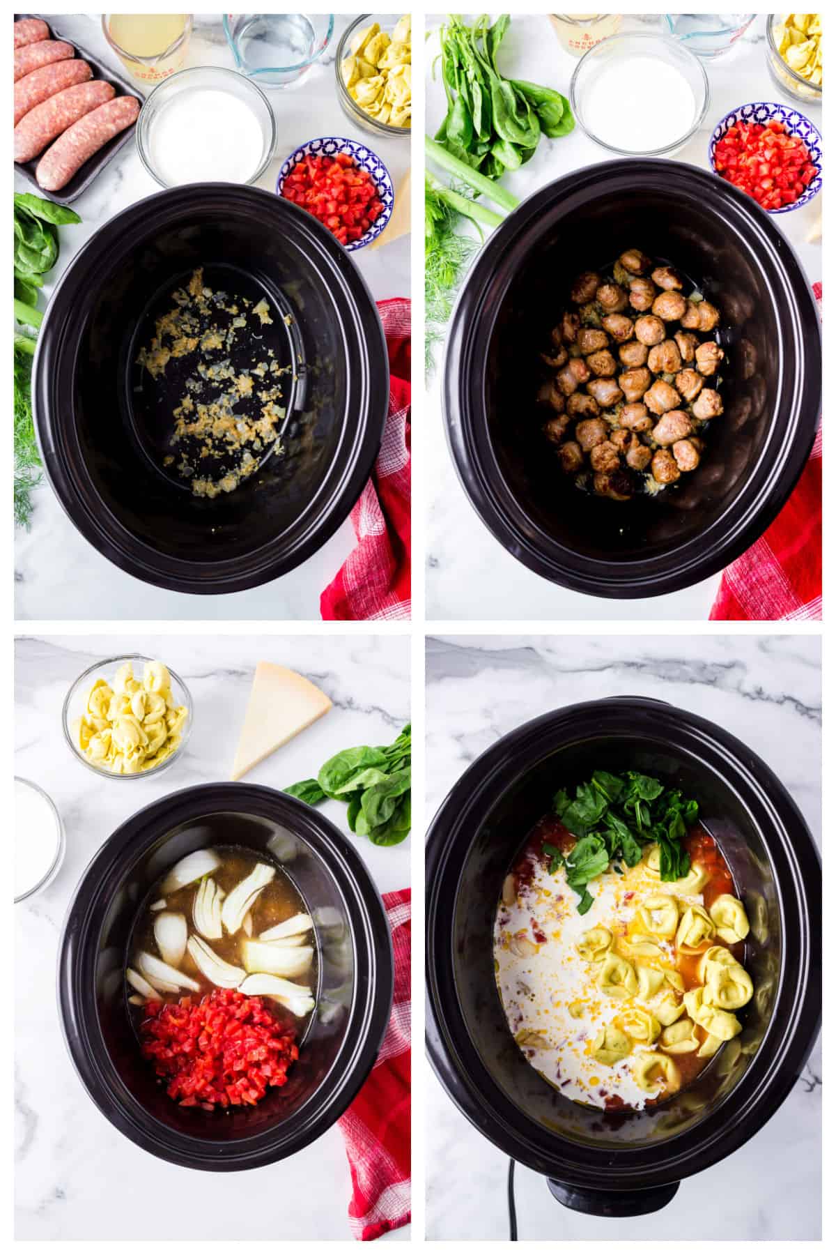Four-panel image showing the step-by-step process of making a tuscan tortellini stew in a slow cooker with sausage, onions, tomatoes, tortellini, spinach, and seasonings.