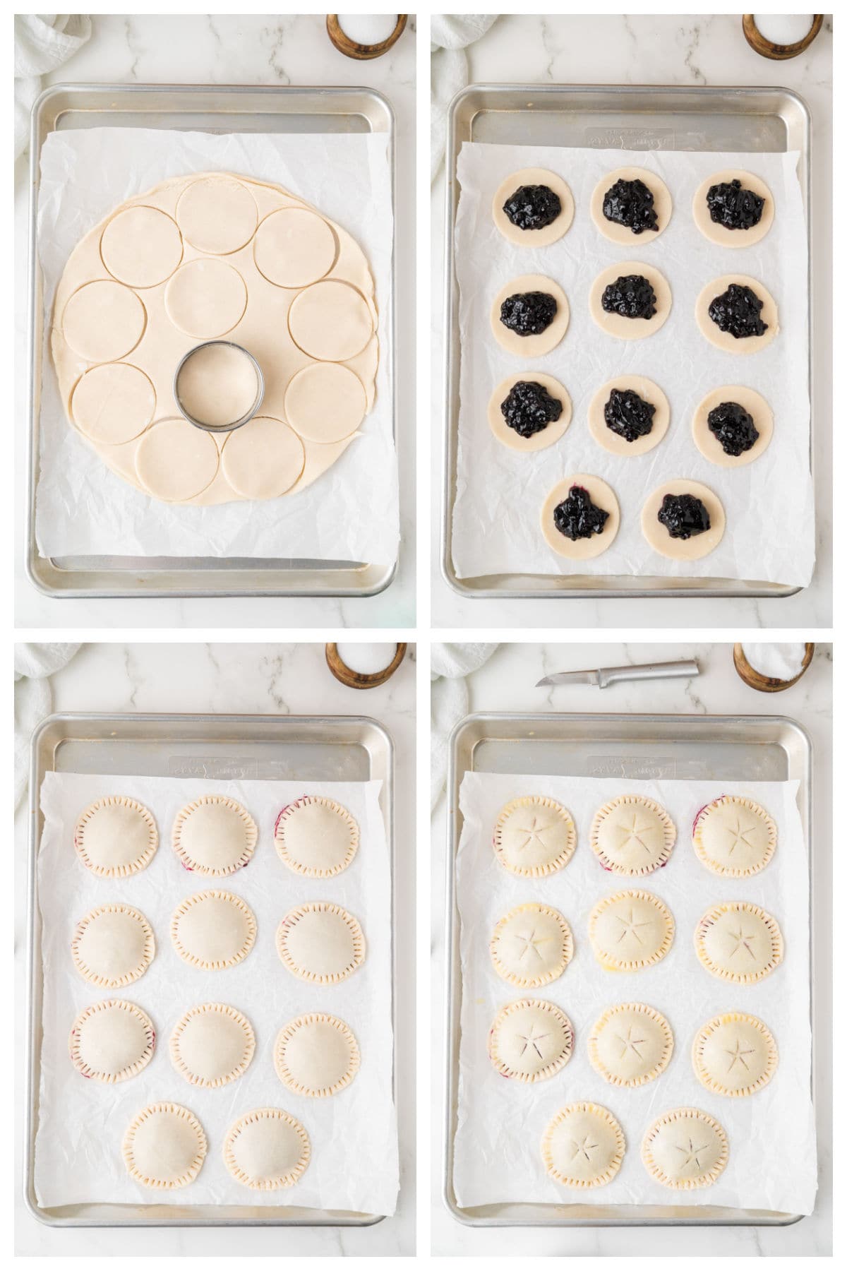 Four-step process of making blueberry pie cookies: cutting dough circles, adding fruit filling, sealing with a top layer, and slitting the tops before baking, all on parchment-lined baking sheets.