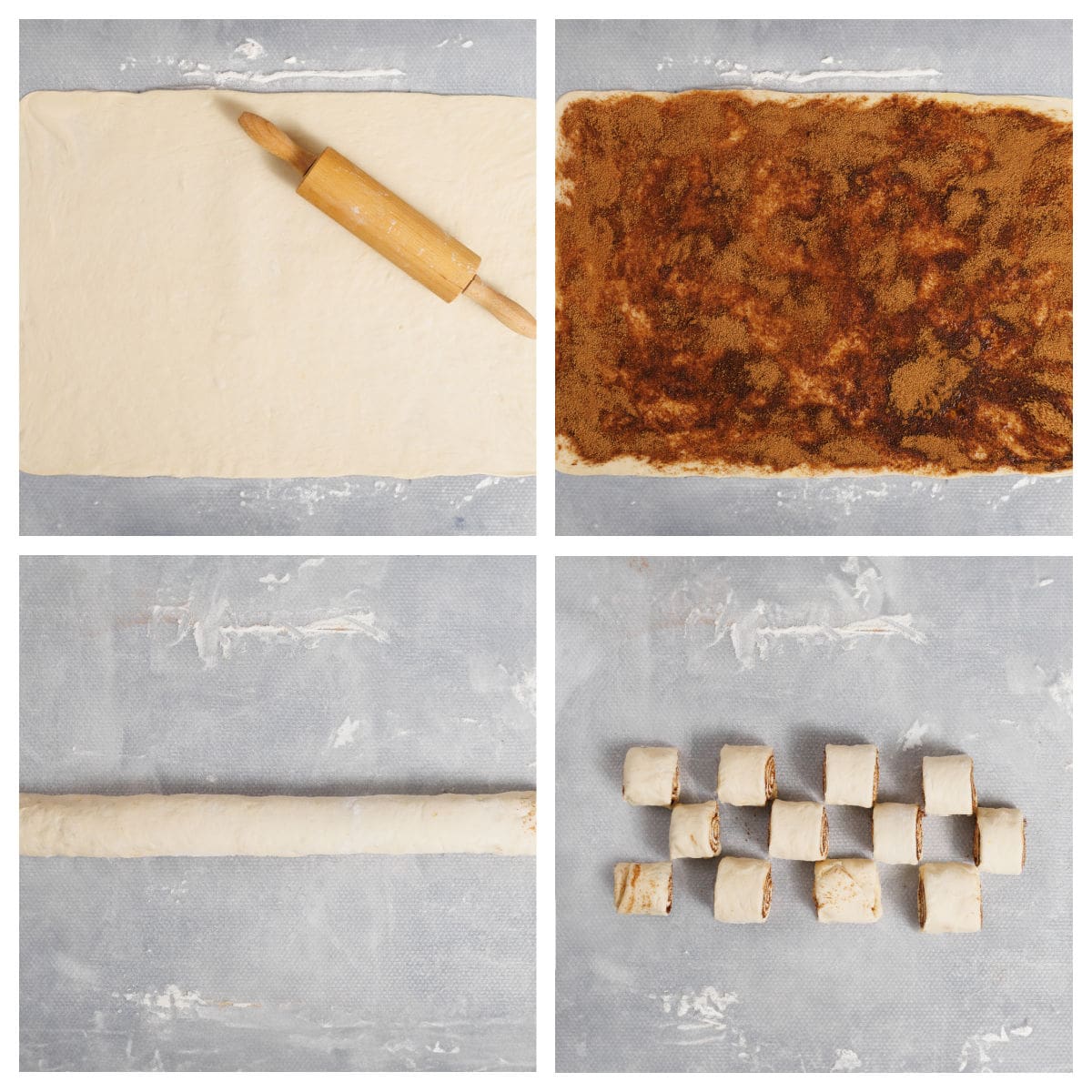 Four-panel image showing dough being rolled out, spread with cinnamon mixture, rolled into a log, and sliced into small pieces on a floured surface.