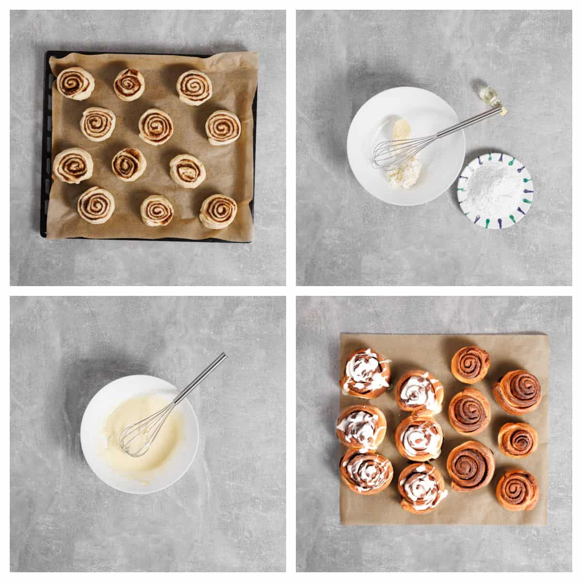 Four images show the process of making cinnamon rolls: unbaked rolls, icing ingredients, mixed icing, and finished cinnamon rolls topped with icing.