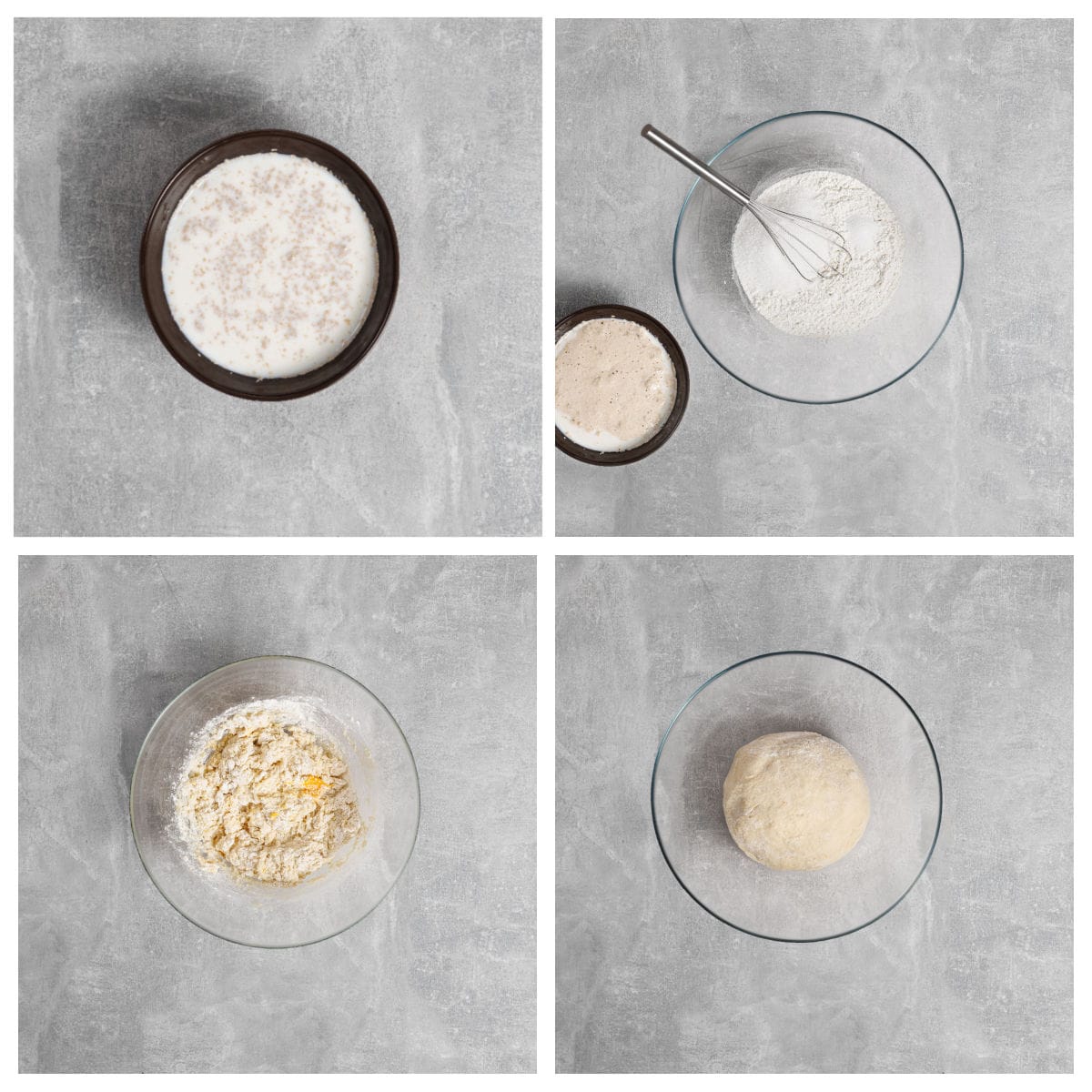Four-step collage showing the process of making dough: activating yeast in milk, mixing dry ingredients, combining to form dough, and kneading into a smooth ball.