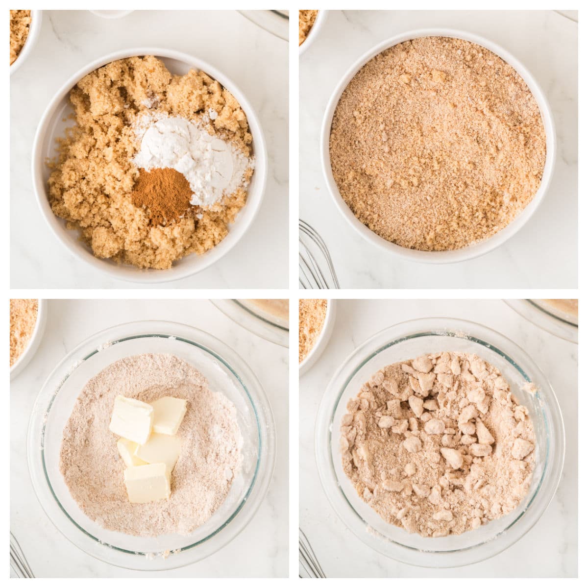 Four images show the steps of mixing brown sugar, flour, cinnamon, baking powder, and butter in bowls to make a crumb topping mixture.