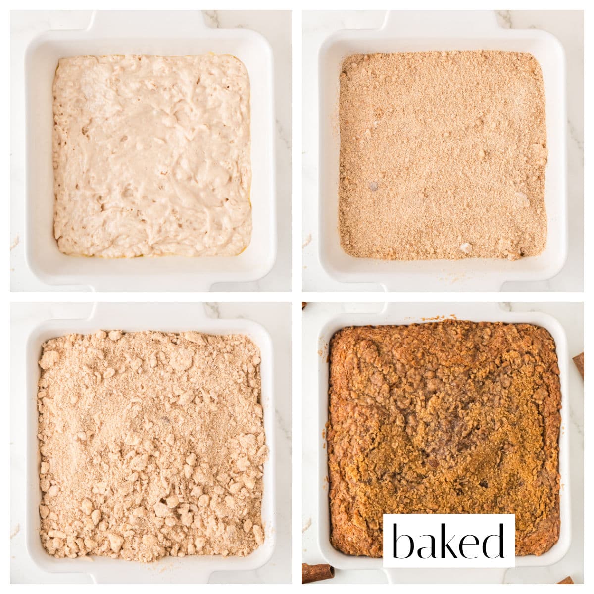 Four images show stages of making a coffee cake: plain batter, batter with cinnamon topping, extra crumb topping added, and the final golden brown baked result.
