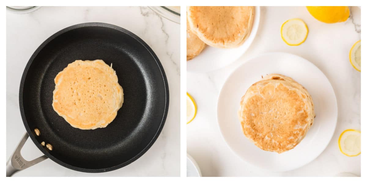 Left: A pancake cooking in a black frying pan. Right: A stack of pancakes on a white plate, surrounded by lemon slices on a white surface.