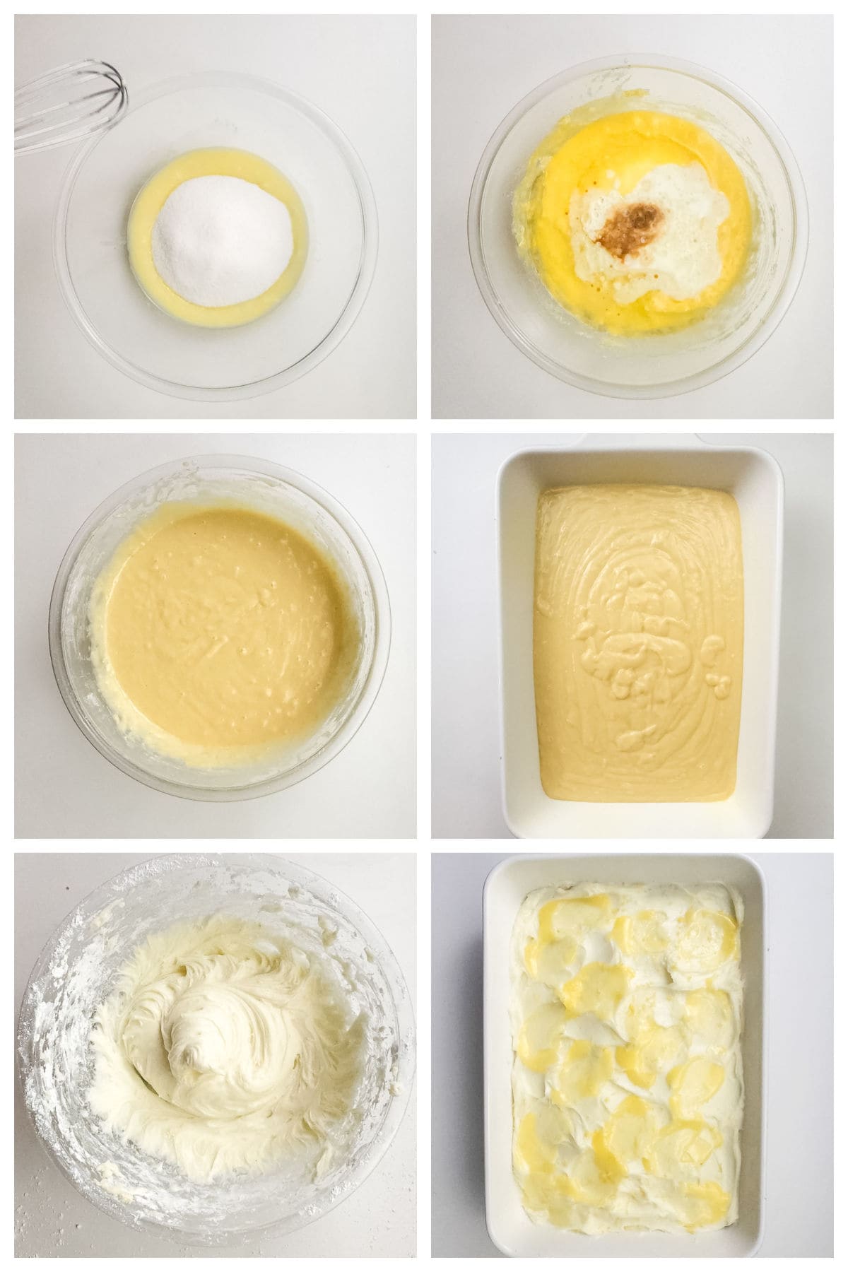 Six-step collage showing cake batter preparation: mixing sugar, adding wet ingredients, blending, pouring into a pan, whipped frosting, and frosted baked cake.