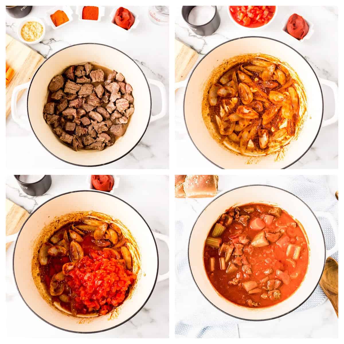 Four-panel collage showing the steps of cooking beef stew in a pot: browning beef, adding onions and spices, stirring in tomatoes, and simmering with vegetables. Four-panel collage showing the steps of cooking beef stew in a pot: browning beef, adding onions and spices, stirring in tomatoes, and simmering with vegetables.