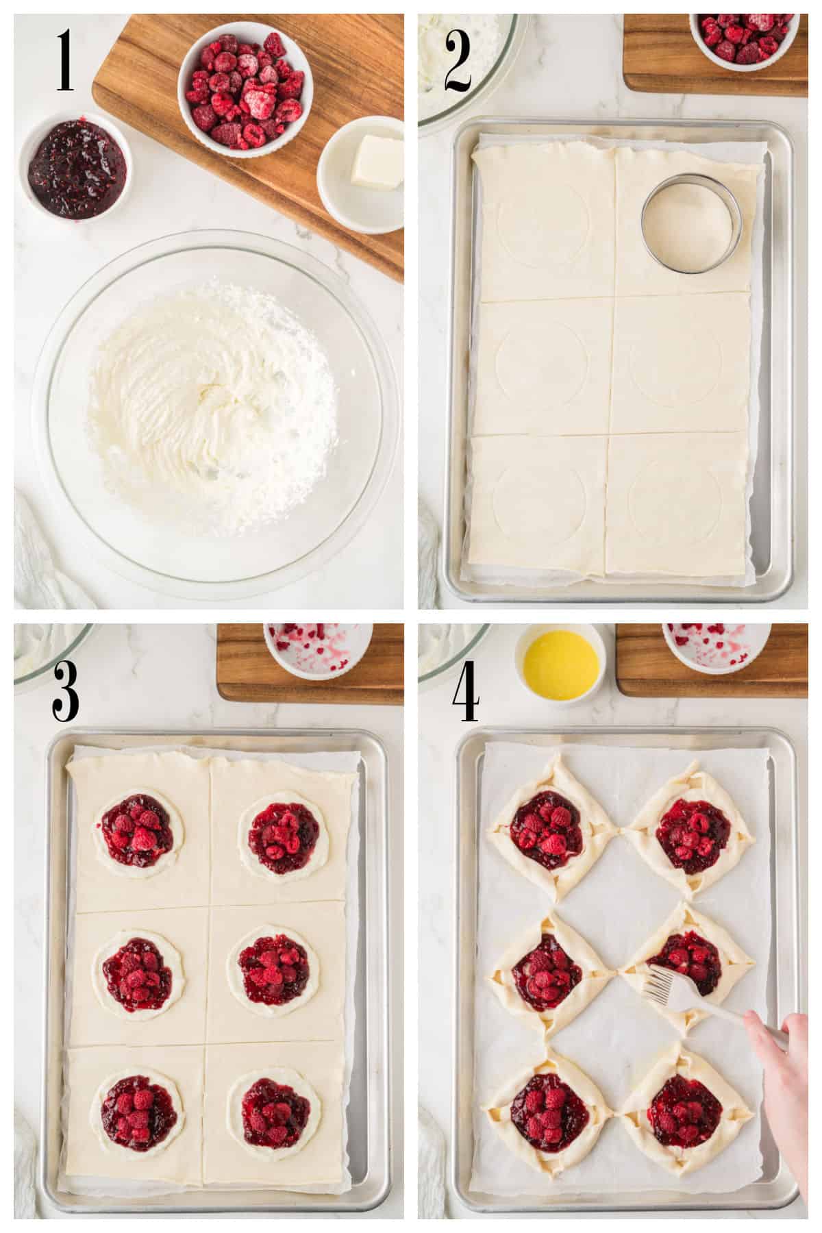 Step-by-step photos showing how to make raspberry cream cheese danishes with pastry dough, cream cheese mixture, raspberry filling, and folding the pastries on a baking sheet.
