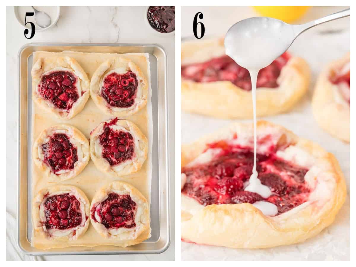 On the left, six baked raspberry danish pastries are on a baking sheet. On the right, icing is being drizzled over a baked berry pastry with a spoon.