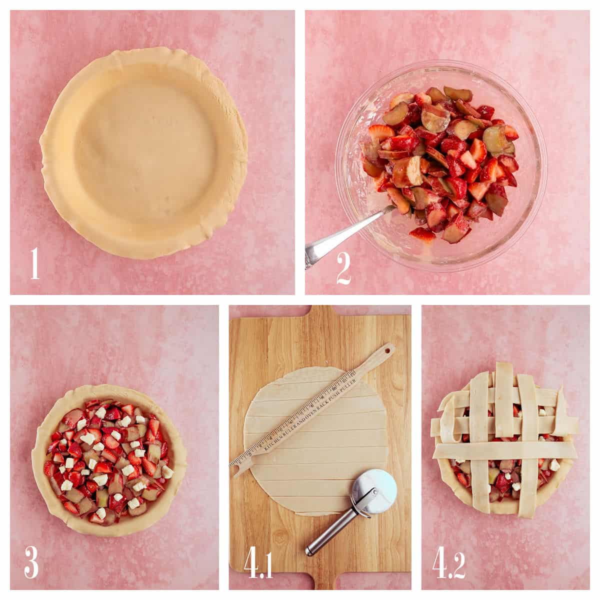 Step-by-step process of making a lattice-top strawberry rhubarb pie: crust in a dish, mixed filling, filled crust, cutting dough strips, and assembling the lattice top.