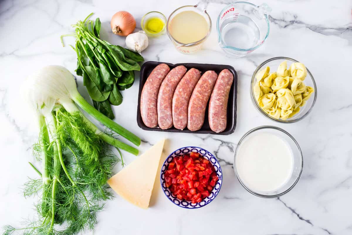 Raw sausages, fennel, spinach, onion, garlic, cheese wedge, diced tomatoes, artichokes, cream, chicken broth, and olive oil arranged on a white marble surface. Raw sausages, fennel, spinach, onion, garlic, cheese wedge, diced tomatoes, artichokes, cream, chicken broth, and olive oil arranged on a white marble surface.