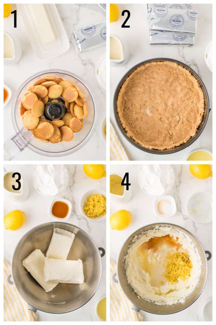 Four-step collage showing no-bake lemon cheesecake preparation: crushing cookies in a food processor, pressing crust in a pan, mixing cream cheese in a bowl, and adding lemon zest to the mixture.