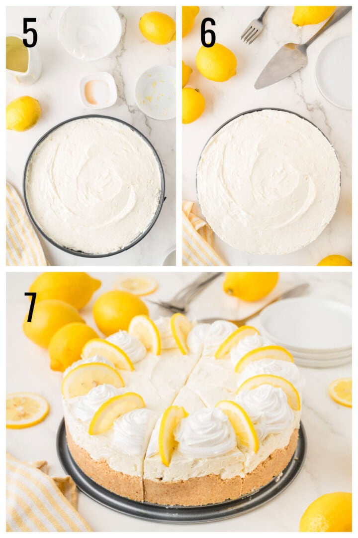 Step-by-step images show a no=bake lemon cheesecake in a pan, then removed from the pan, and finally sliced with lemon and whipped cream garnish. Steps are labeled 5, 6, and 7.