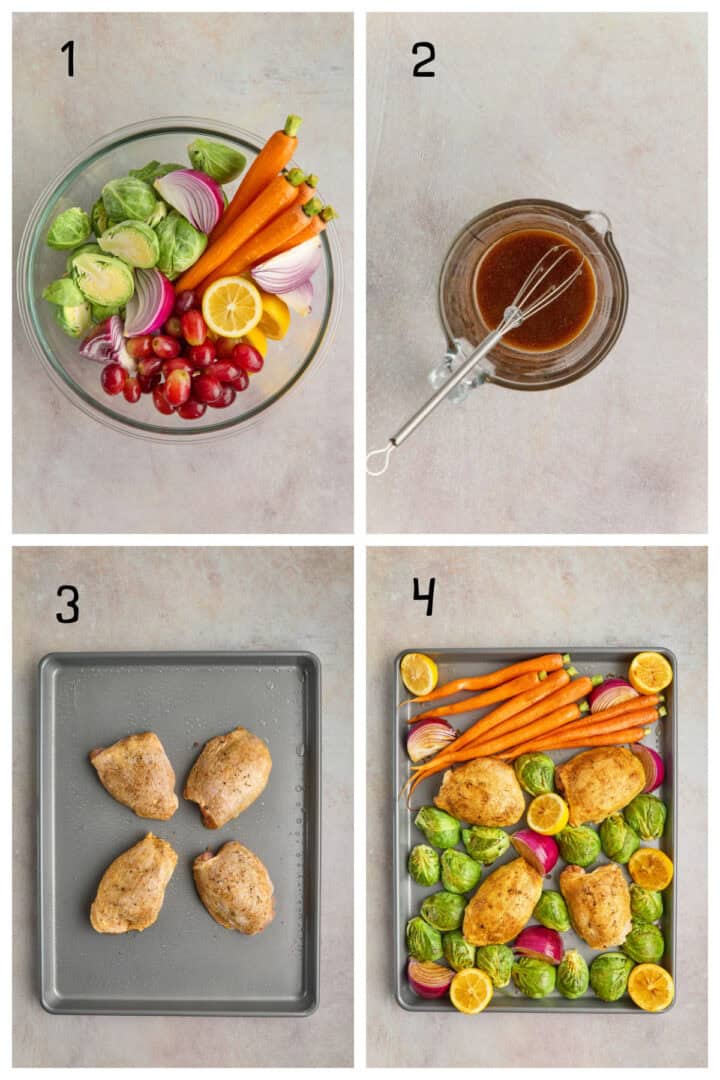 Step-by-step images show: 1. Mixed raw veggies and lemon in a bowl. 2. A glass container with marinade and whisk. 3. Seasoned chicken breasts on a baking tray. 4. Chicken and veggies arranged on a tray, ready to bake.