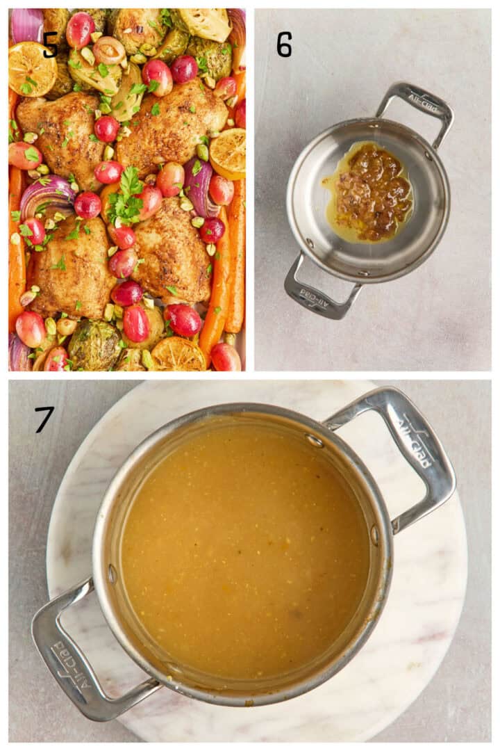 Roasted chicken and vegetables on a tray (top left), drippings strained in a small sieve (top right), and finished gravy in a saucepan (bottom).