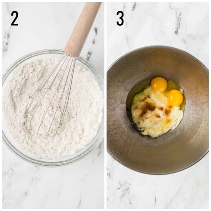 Side-by-side images: left shows a whisk in a bowl of flour mixture; right shows two eggs, sugar, and vanilla in a mixing bowl. Both are labeled with numbers 2 and 3.