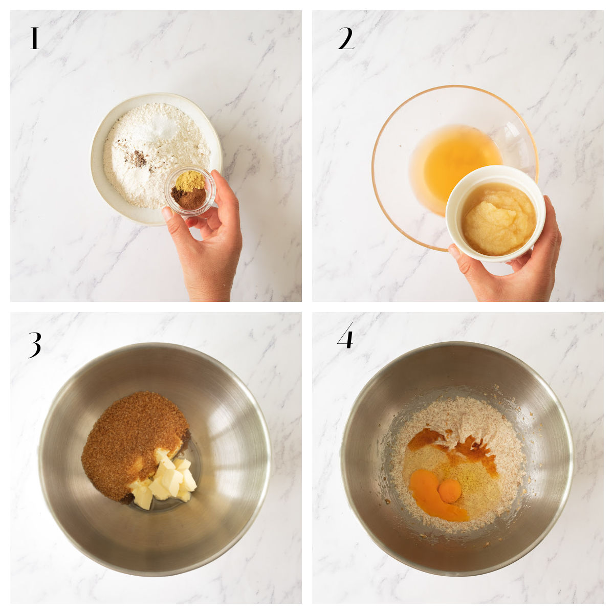 A four-step collage shows hands adding ingredients to bowls: 1) dry ingredients and spices; 2) applesauce to wet mix; 3) brown sugar and butter in a bowl; 4) eggs and dry mix added to a bowl, ready for mixing.