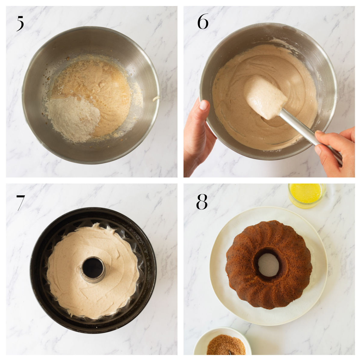 A collage of four images labeled 5 to 8 showing cake-baking steps: adding flour to batter, mixing batter, spreading batter in a Bundt pan, and a baked Bundt cake on a plate ready for decoration.