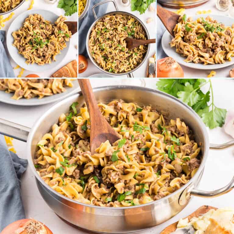 Collage of beef stroganoff with egg noodles in a skillet, served on a plate, and being mixed with a wooden spoon. Ingredients like onion, garlic, and parsley are visible around the pan.