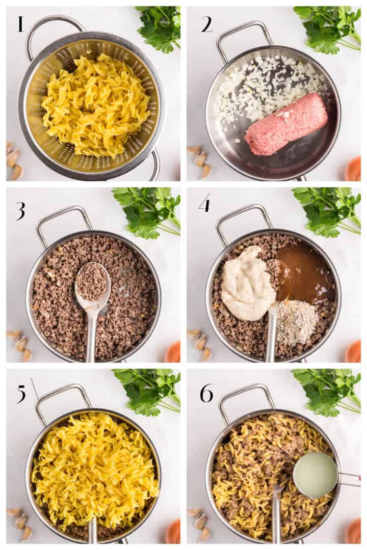 Six-step collage showing a beef and noodle recipe: 1) cooked egg noodles in a colander, 2) ground beef and diced onions in a pot, 3) browned beef mixture, 4) sauce and seasonings added, 5) noodles added, 6) broth poured in and mixed.