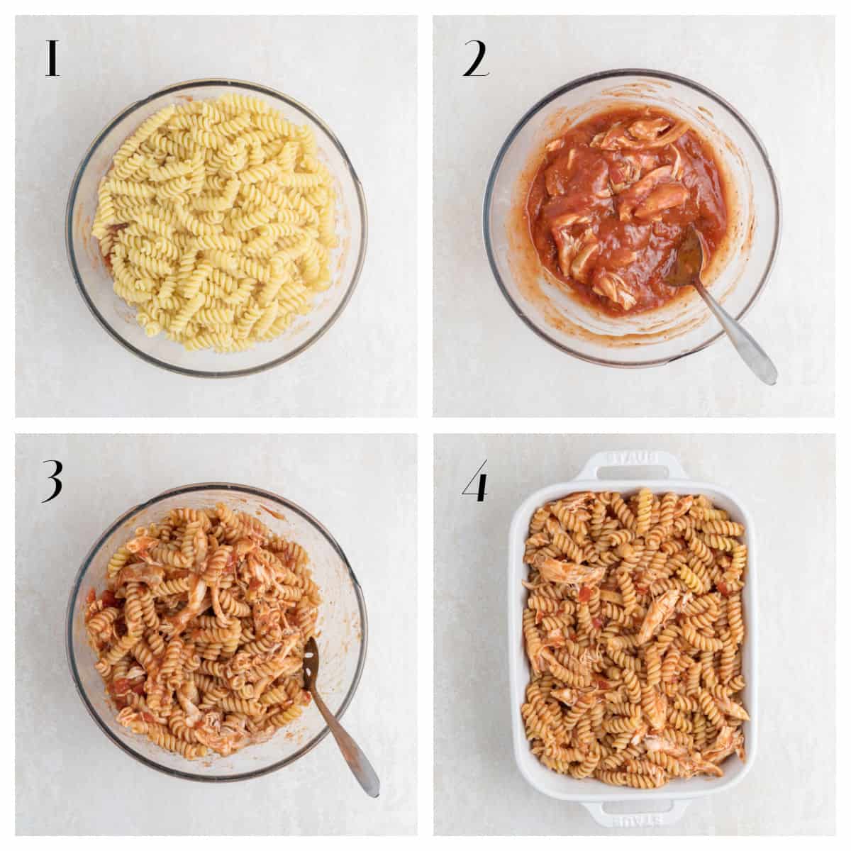 Four-panel image showing steps to make pasta bake: cooked rotini, shredded chicken in sauce, pasta mixed with chicken, then mixture in a baking dish.