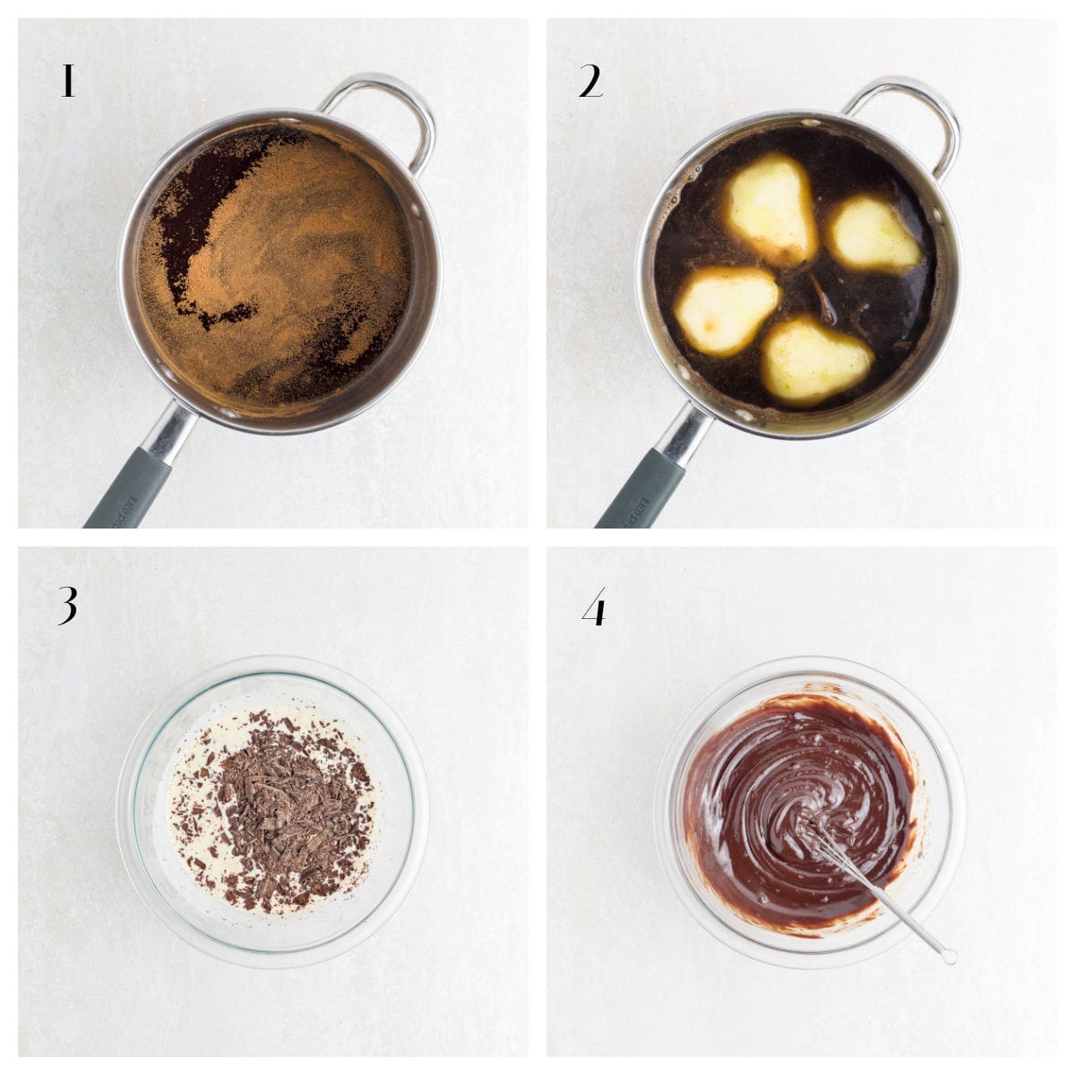 Step-by-step collage: 1) Brown sugar and liquid in a saucepan. 2) Butter added, melting in the mixture. 3) Cream and chopped chocolate in a bowl. 4) Smooth chocolate mixture stirred with a spoon in a bowl.