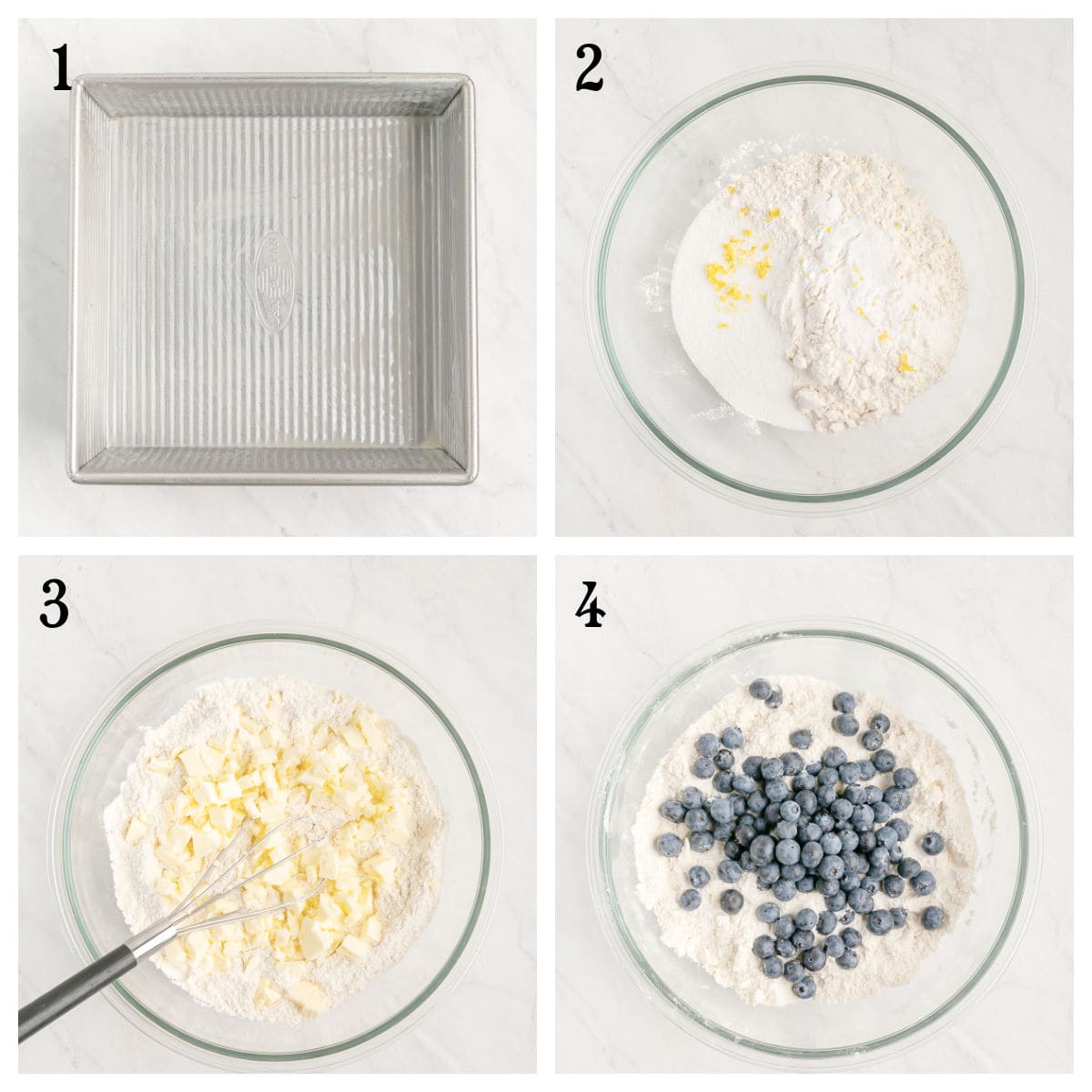 Step-by-step baking process: 1) Empty square baking pan. 2) Bowl with dry ingredients and lemon zest. 3) Bowl with cubed butter on top of dry mixture and a whisk. 4) Bowl with dry mixture and fresh blueberries.