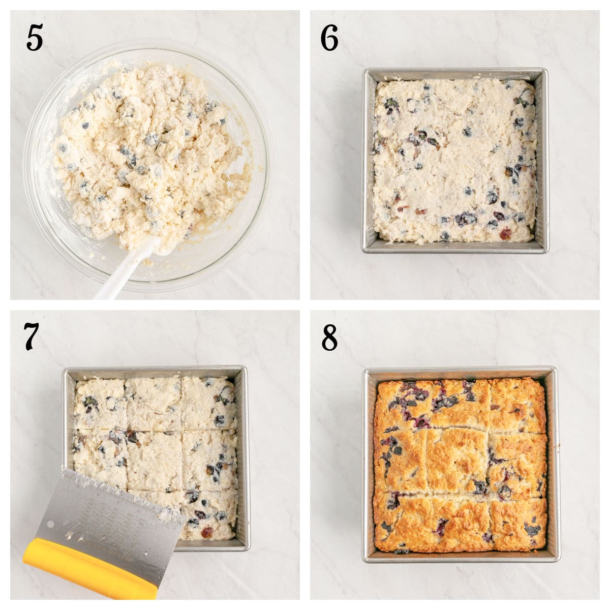 Step-by-step collage of baking blueberry squares: mixing batter in a bowl (5), spreading it in a square pan (6), scoring them with a spatula (7), and the finished golden-brown baked squares (8).