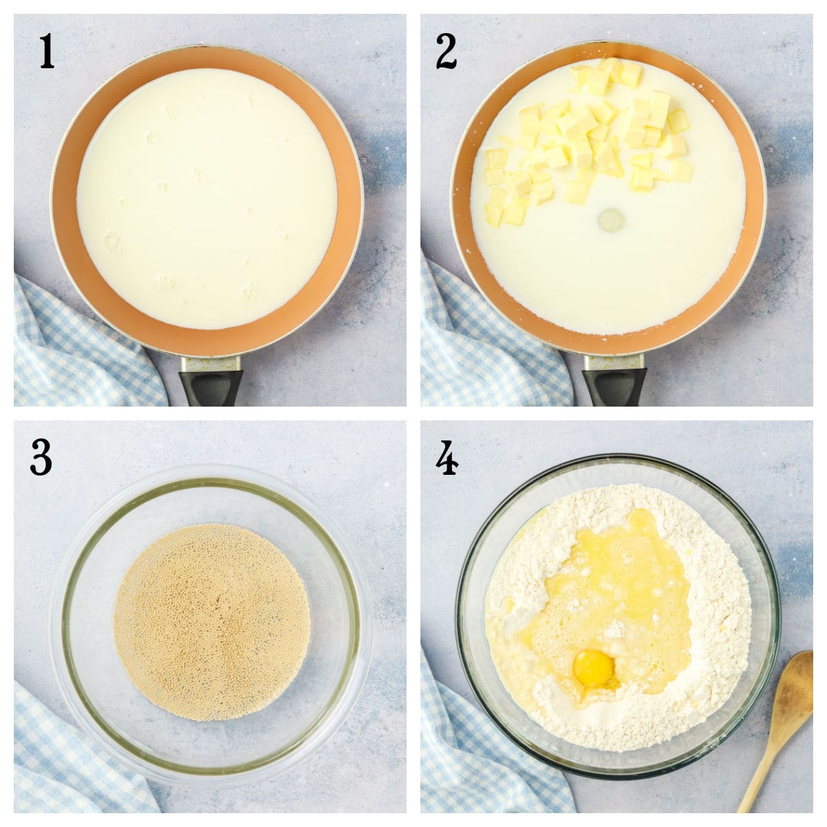 Four-step collage for danish butterhorns recipe: (1) Pan with milk; (2) Pan with milk and cubed butter; (3) Bowl with yeast; (4) Bowl with flour, a cracked egg, and liquid ingredients in the center. Blue checkered cloth nearby.