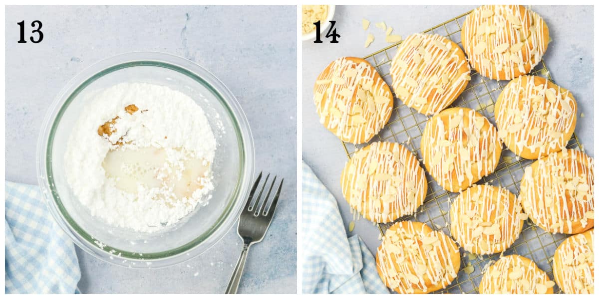 Step 13: A glass bowl with powdered sugar, milk, and vanilla, next to a fork. Step 14: Butterhorns with white glaze on a cooling rack, some glaze drips visible, a blue checkered cloth nearby.