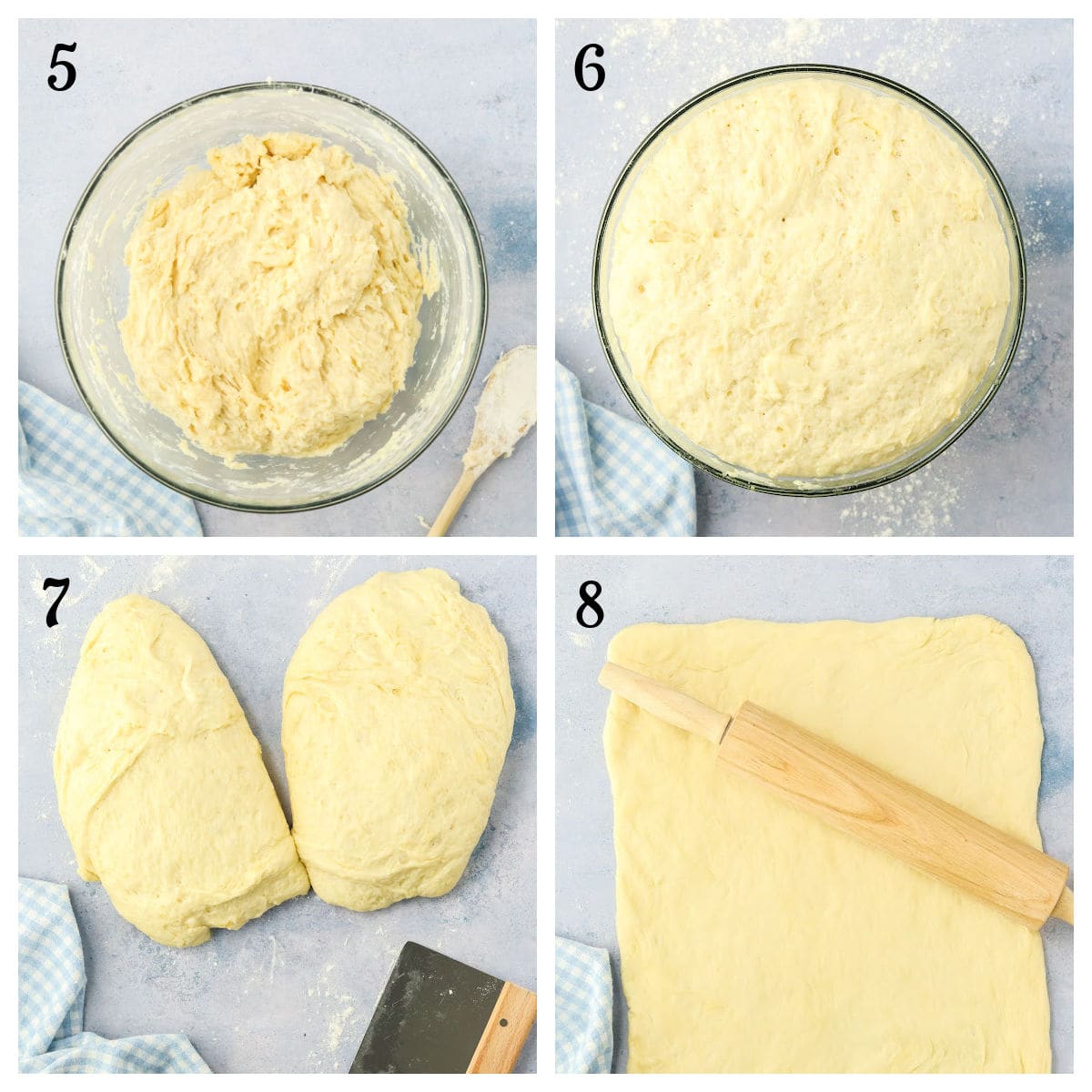 Four-step collage (steps 5-8): dough is mixed in a bowl, doubled in size after rising, divided into two pieces on a floured surface, and then rolled out flat with a rolling pin.