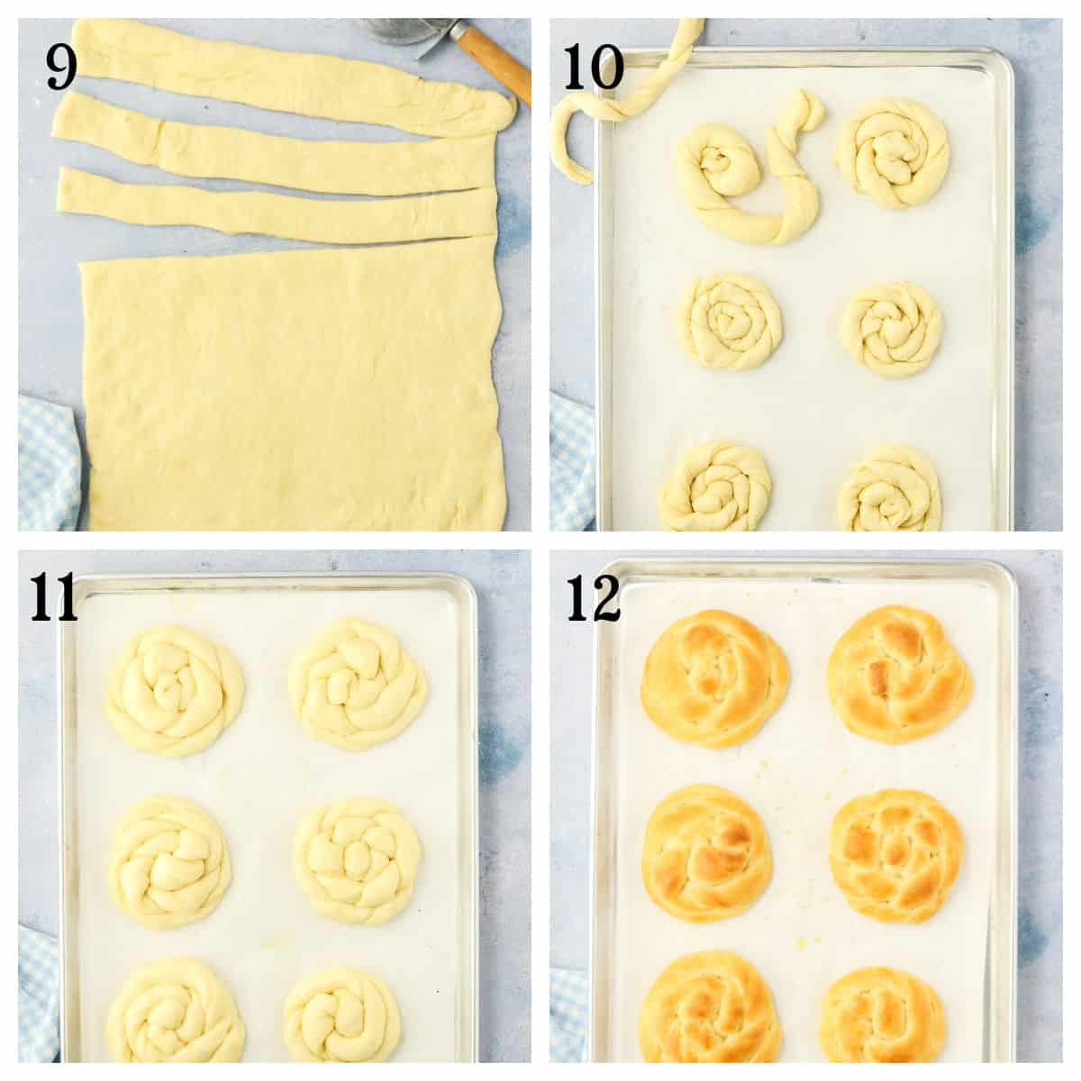 Four steps of bread making: dough cut into strips (9), strips shaped into spirals on a baking sheet (10), risen spiral dough before baking (11), and golden baked buns on the tray (12).