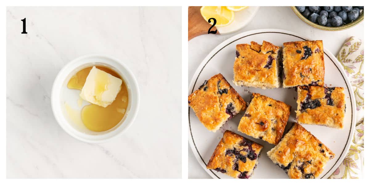 Image split in two: 1) A small white bowl with butter and honey, top view. 2) A plate with square pieces of blueberry lemon cake, surrounded by a bowl of blueberries and lemon slices.