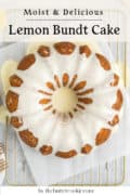 A lemon bundt cake covered with white glaze sits on a cooling rack, shown from above. Text at the top reads Moist & Delicious Lemon Bundt Cake and at the bottom, by thebuttercookie.com.