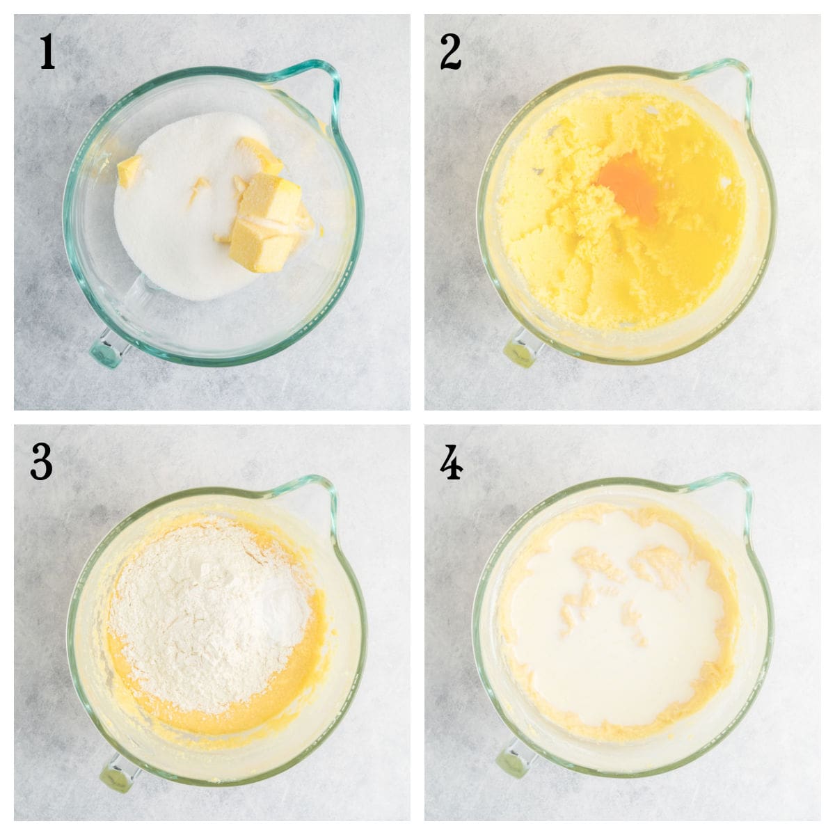 A four-step collage shows cake batter being made: 1) sugar and butter in a bowl, 2) creamed mixture with eggs added, 3) flour added, 4) mixture with liquid (milk) being blended in.