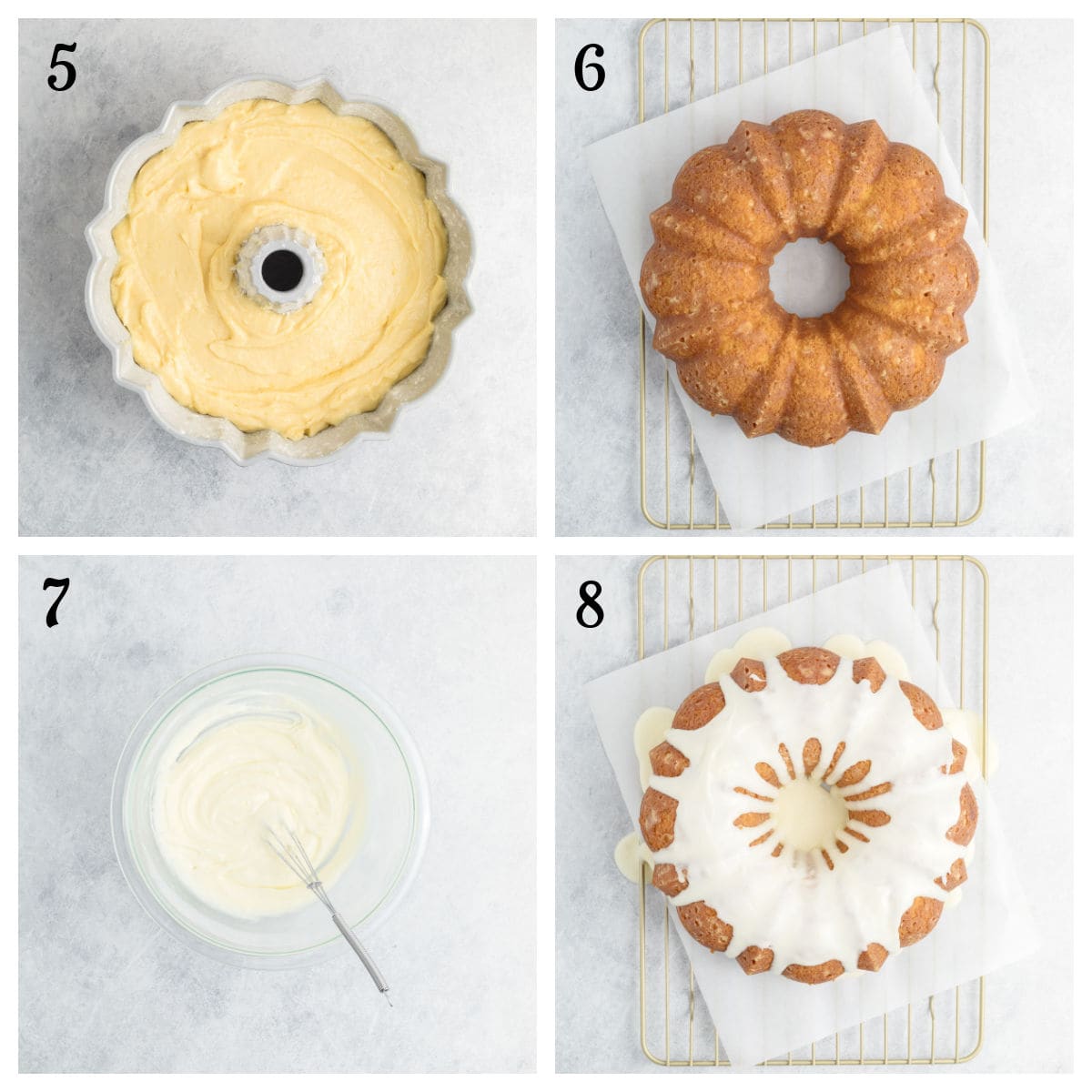 Four steps to making a Bundt cake: batter in a pan (5), baked cake on a rack (6), bowl of icing with whisk (7), and finished cake topped with white icing (8).