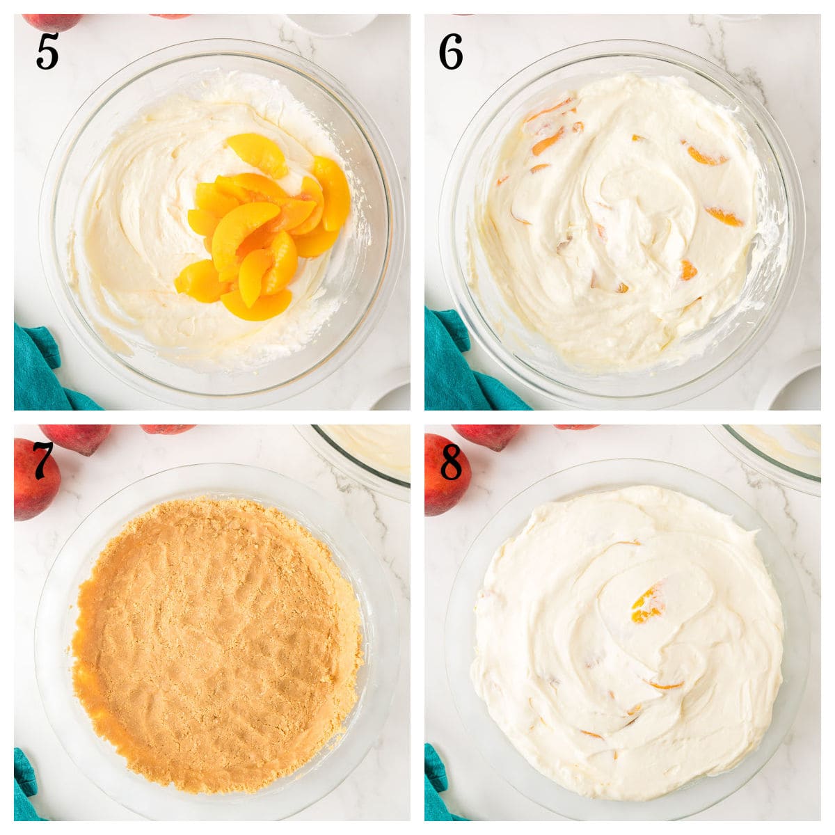 A four-step collage shows: 1) Sliced peaches on creamy mixture in a bowl. 2) Peaches mixed in. 3) Crumb crust pressed in a pie dish. 4) Creamy peach filling spread over the crust. Steps are numbered 5 to 8.