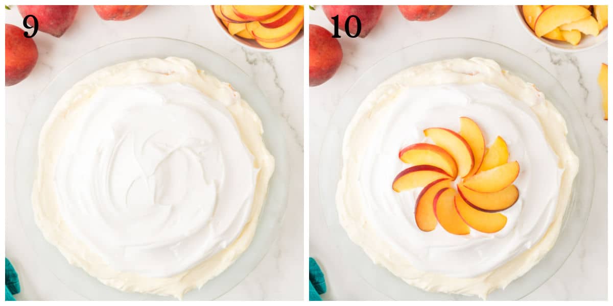 Side-by-side images showing a peaches cream jello pie. In step 9, the pie is topped with whipped cream. In step 10, the pie is decorated with overlapping slices of fresh peaches arranged in a spiral pattern.