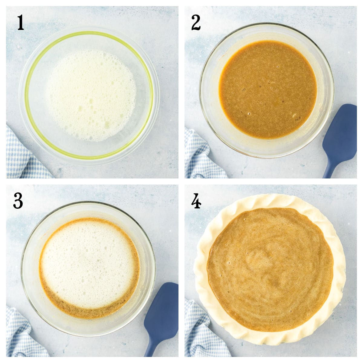 Four-step collage showing: 1) Beaten eggs in a glass bowl, 2) Brown sugar mixture in a bowl, 3) Ingredients combined into a smooth mixture, 4) Pie filling poured into an unbaked pie crust, ready to bake.