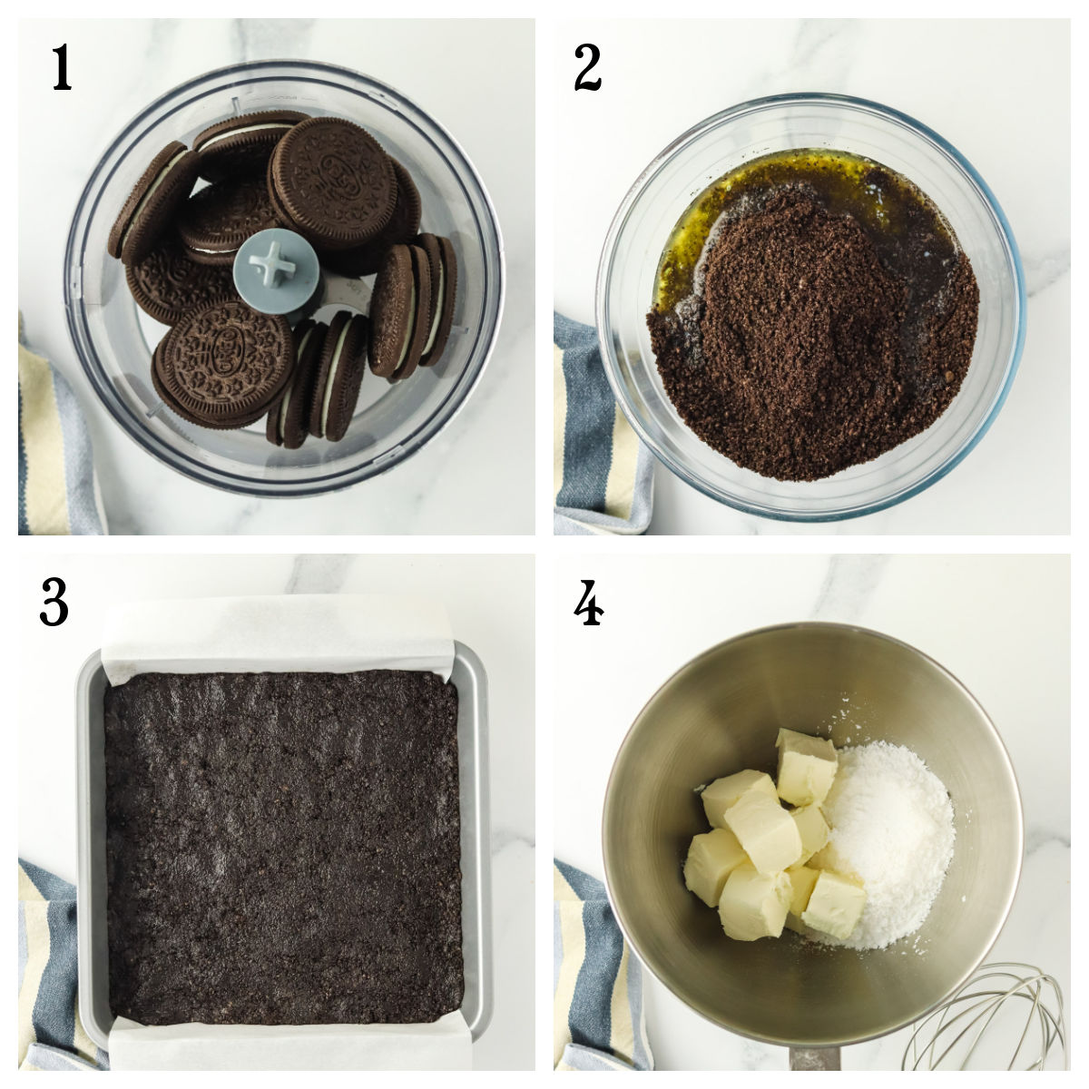Step-by-step collage for a dessert crust: 1) Chocolate sandwich cookies in a food processor, 2) Crushed cookies mixed with melted butter in a bowl, 3) Mixture pressed into a square pan, 4) Butter and sugar in a mixing bowl.