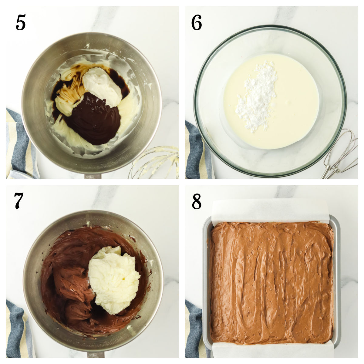 Four-step collage: 5. Mixing chocolate, cream, and peanut butter in a metal bowl. 6. Whipping cream and powdered sugar in a glass bowl. 7. Mixing both mixtures together. 8. Chocolate mixture spread in a parchment-lined square pan.