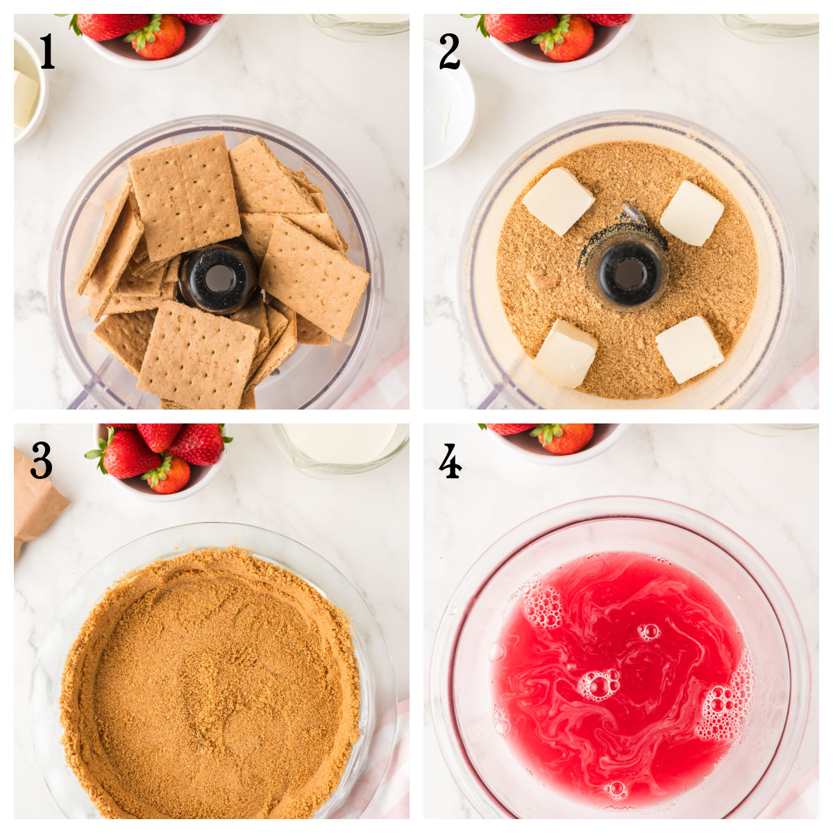 Four-step collage: 1) Graham crackers in a food processor. 2) Crushed graham crackers with butter pieces added. 3) Pressed crumb crust in a pie dish. 4) Red gelatin mixture in a glass bowl on a marble surface.